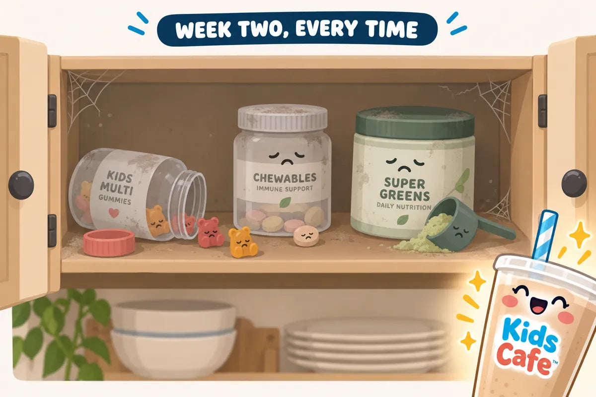 A kitchen cabinet of half-finished kids vitamins, chewables and greens powder gathering dust beside a Kids Cafe cup