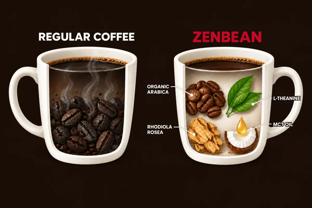 Cut-away mugs side by side: regular coffee is just beans, Zenbean adds organic Arabica, L-Theanine, Rhodiola Rosea and MCT oil