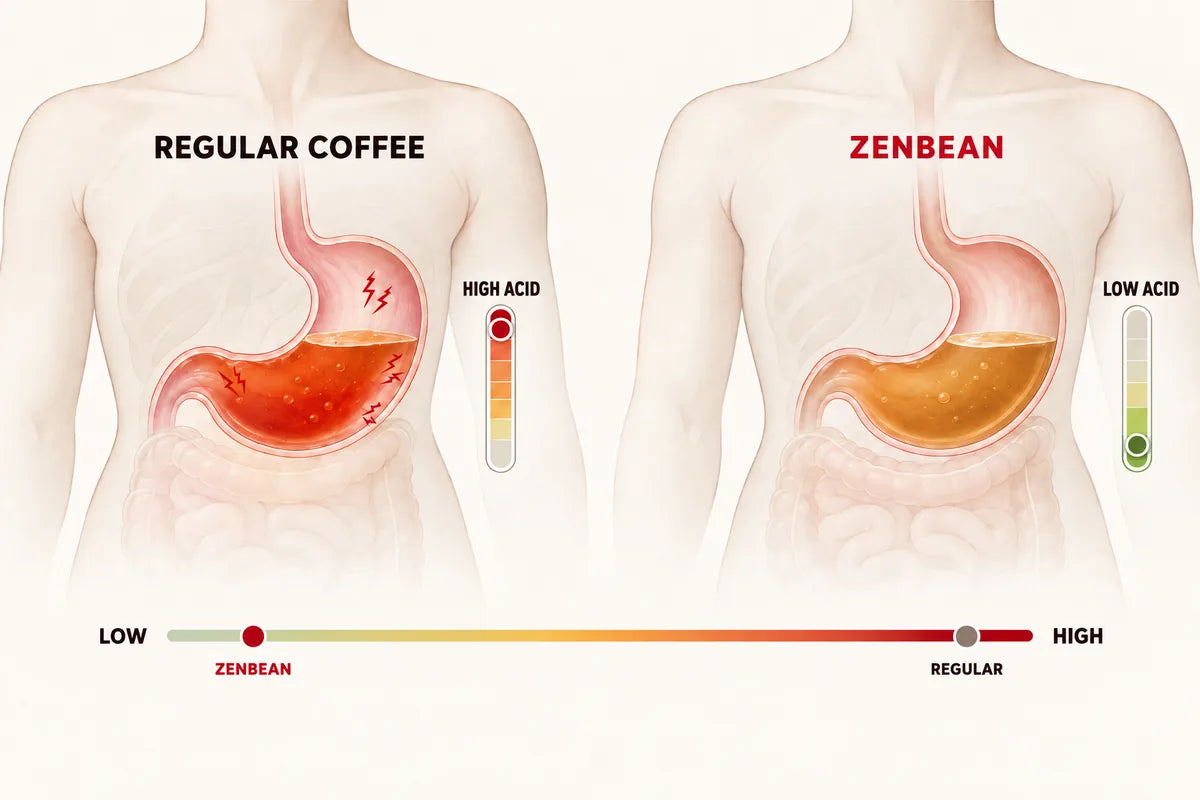 Stomach comparison: regular coffee shown high-acid and irritated, Zenbean shown low-acid and settled