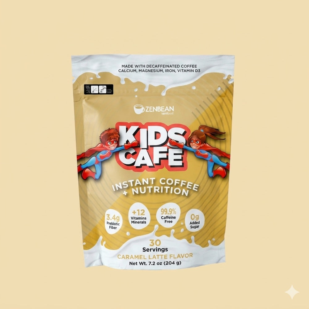 Kids Cafe Caramel Latte pouch front with superhero characters