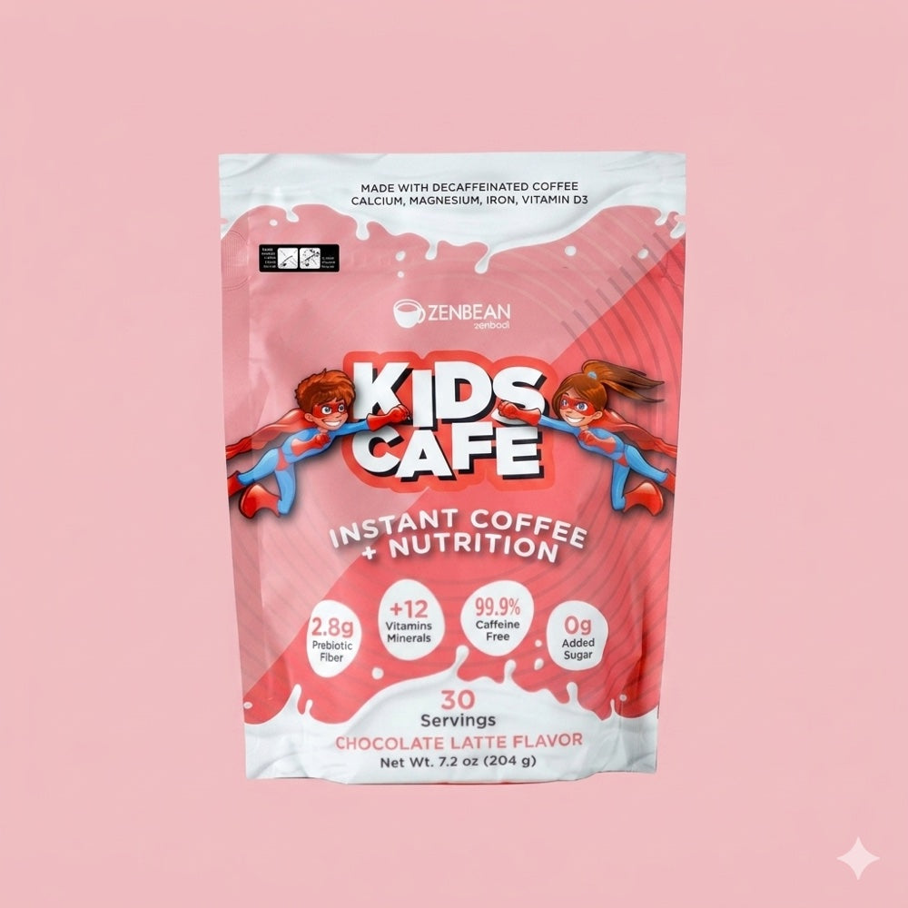 Kids Cafe Chocolate Latte pouch with pink packaging