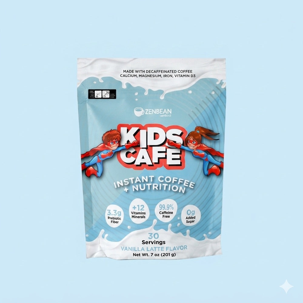 Kids Cafe Vanilla Latte pouch with blue packaging