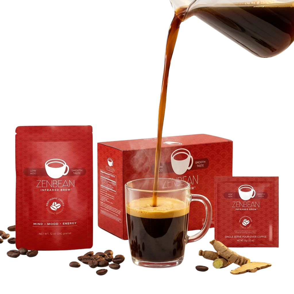 Zenbean coffee K-Cups, Ground, and Pour-Over packaging surrounded by coffee beans and Rhodiola root