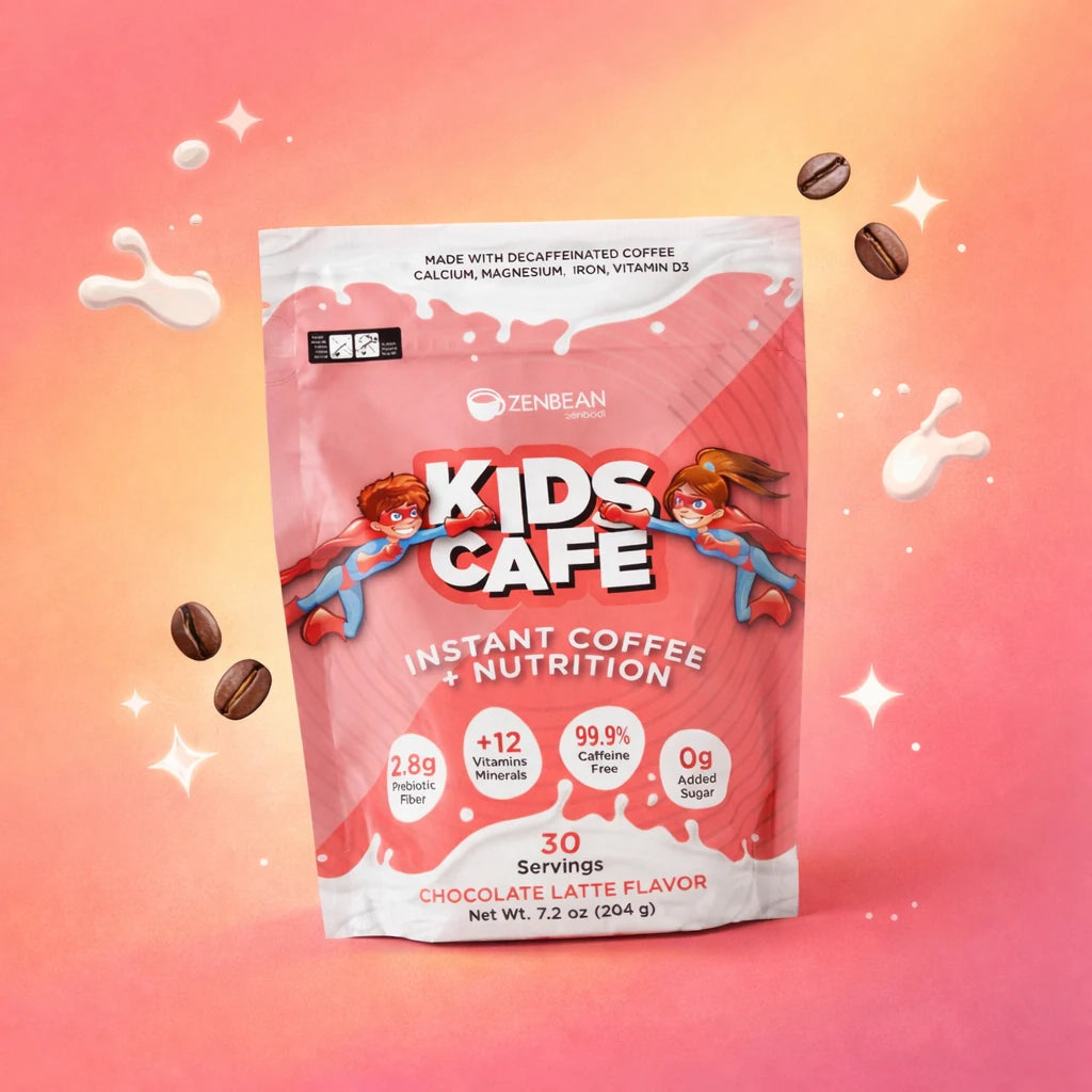 Kids Cafe Chocolate Latte pouch on a pink coral gradient with floating coffee beans and milk splashes