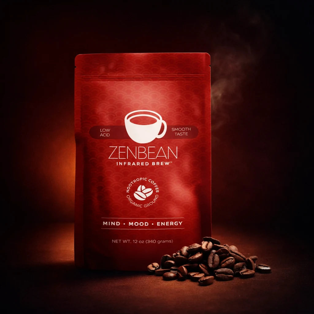 ZenBean Infrared Brew nootropic coffee bag on a dark backdrop with coffee beans and steam