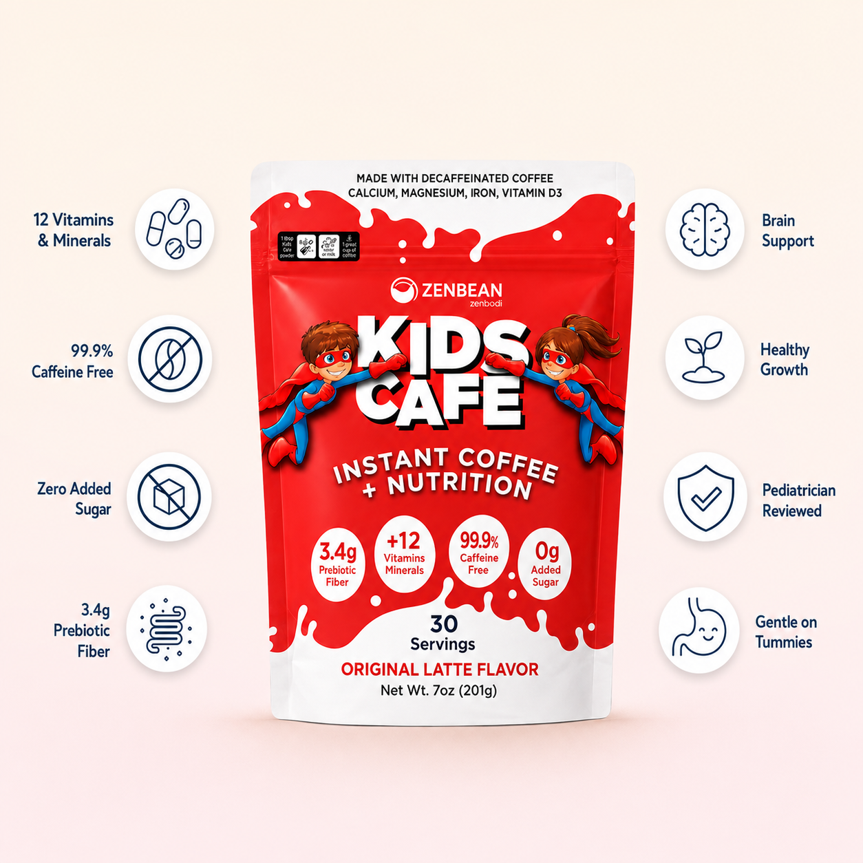 Kids Cafe pouch surrounded by ingredient and benefit highlights