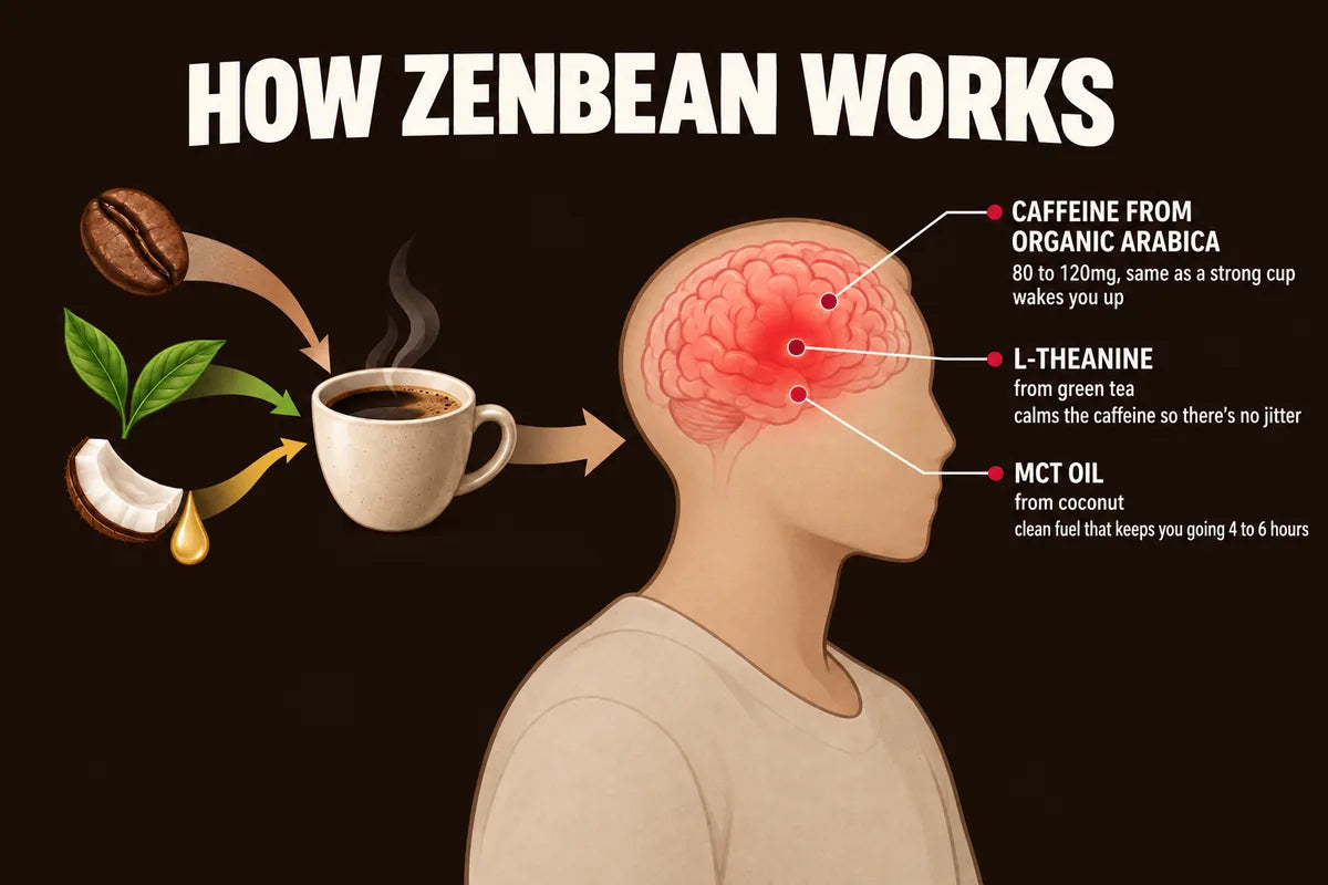 How Zenbean works: caffeine from organic Arabica, L-Theanine to calm the jitters, MCT oil for 4 to 6 hours of steady fuel